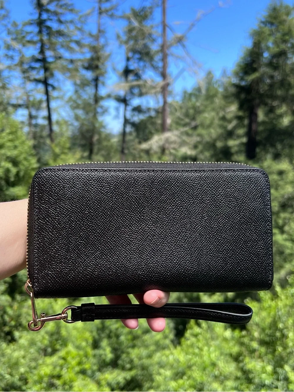COACH Long Zip-Around Black Crossgrain Leather Phone Wallet with Gold Hardware